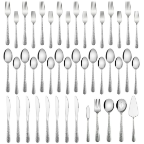 Vesteel 45-Piece Silverware Set with Serving Utensils, Stainless Steel Hammered Flatware Cutlery Set for 8 Include Forks Knives Spoons